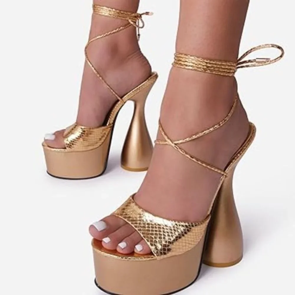 MissHeel Lace Up Open Toe Platform High Heel Sandals Chunky Block Fantas…